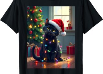 Black Cat in Santa Hat with Holiday Glow Christmas T-Shirt