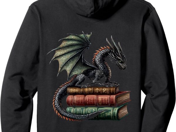 Black dragon on antique books – mythical fantasy design pullover hoodie