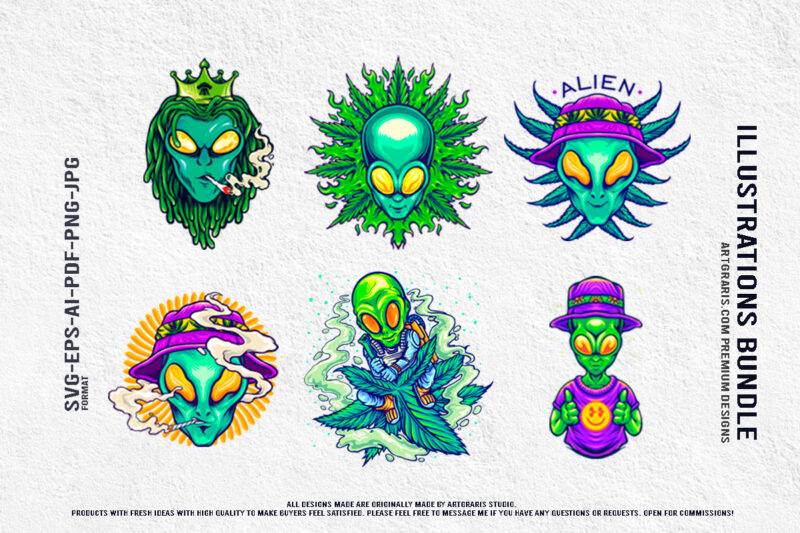 Royal Alien Weed Art Set Bold and Funky Cannabis Graphics Illustration