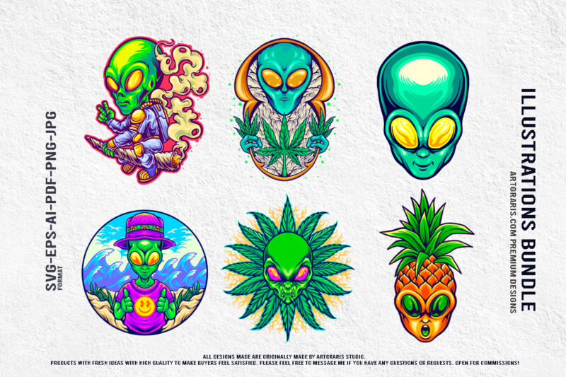 Funky Galactic Weed Alien and Tropical Themed Illustration Bundle