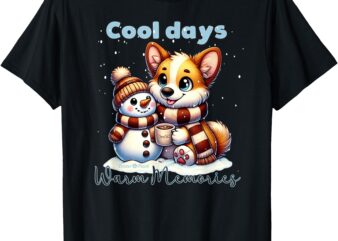 Cartoon Corgi and Snowman Friend Share Coffee in the Snow T-Shirt