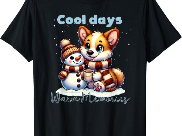 Cartoon corgi and snowman friend share coffee in the snow t-shirt