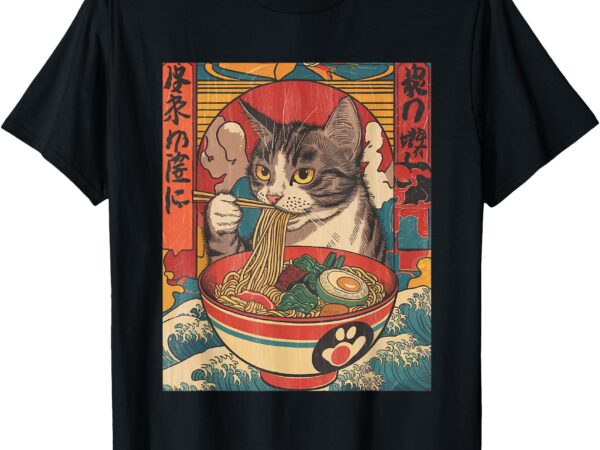 Cat eating ramen noodles kawaii anime cat japanese food t-shirt