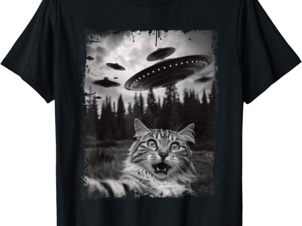 Cat selfie with ufo alien funny cat graphic t-shirt