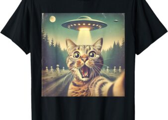 Cat UFO Selfie Art Funny Cat Alien T-Shirt