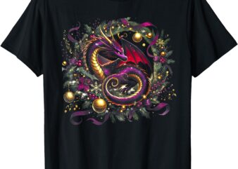 Christmas Dragon in Holly Berry Wreath Floral Pine Ornaments T-Shirt