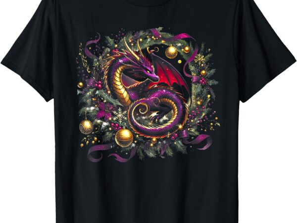 Christmas dragon in holly berry wreath floral pine ornaments t-shirt