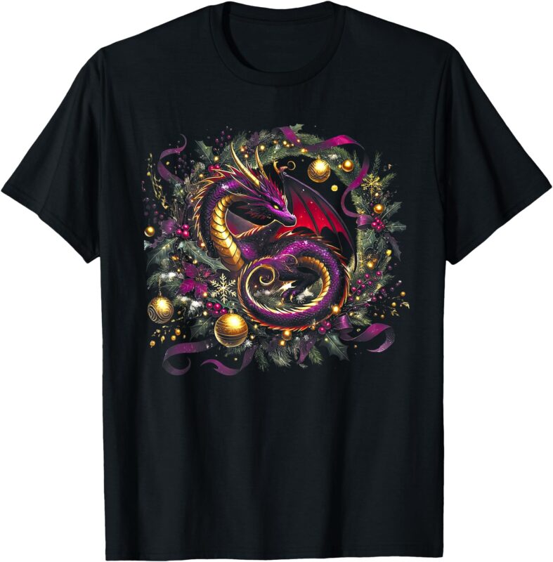 Christmas Dragon in Holly Berry Wreath Floral Pine Ornaments T-Shirt