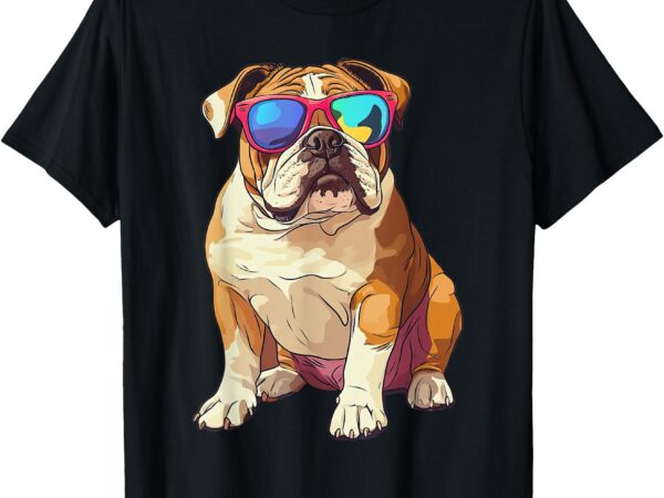 Colorful english bulldog wearing sunglasses t-shirt