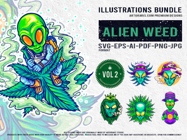 Royal alien weed art set bold and funky cannabis graphics illustration