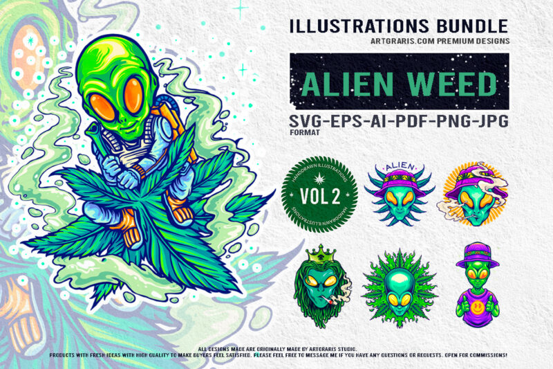 Royal Alien Weed Art Set Bold and Funky Cannabis Graphics Illustration