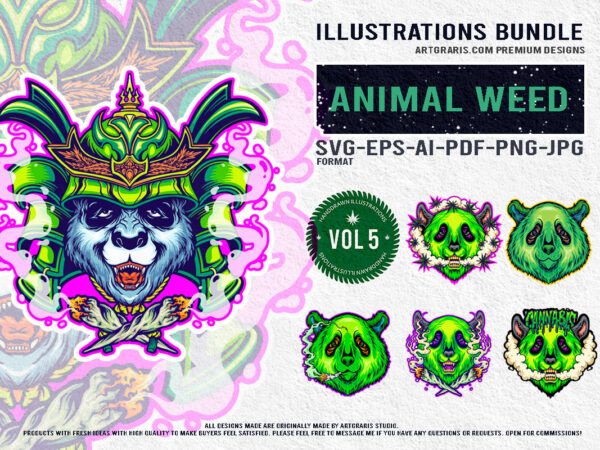 Creative animal illustrations bundle eye catching cannabis themed panda designs