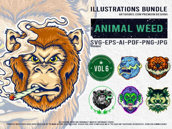 Animal illustrations collection cannabis inspired bear and monkey designs