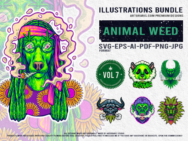 Funky fauna showcasing playful cannabis themed animal illustrations t shirt graphic design