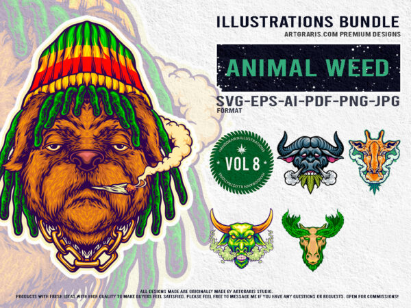 Unique animal faces embracing the cannabis culture bundle design illustrations