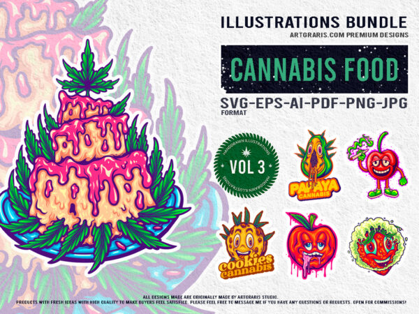 Playful cannabis inspired fruit characters collection for unique art and merchandise t shirt illustration