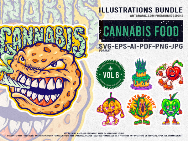 Vibrant cannabis themed fruit characters and treats bundle collection t shirt vector art