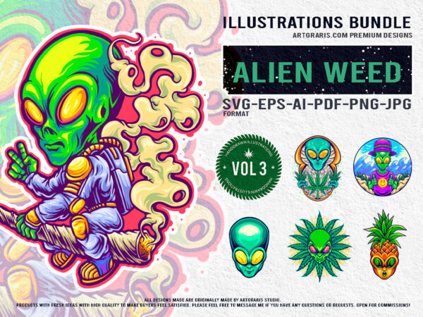 Funky galactic weed alien and tropical themed illustration bundle t shirt graphic design