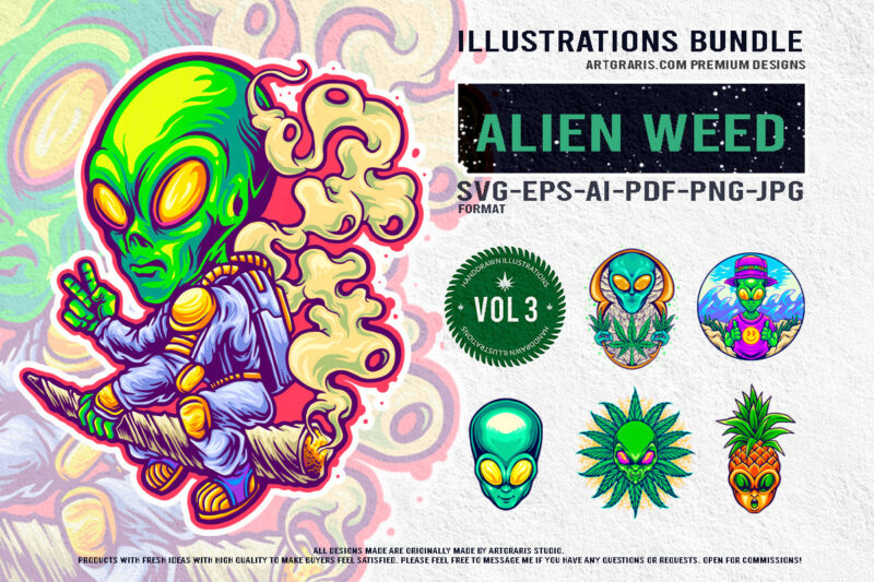 Funky Galactic Weed Alien and Tropical Themed Illustration Bundle