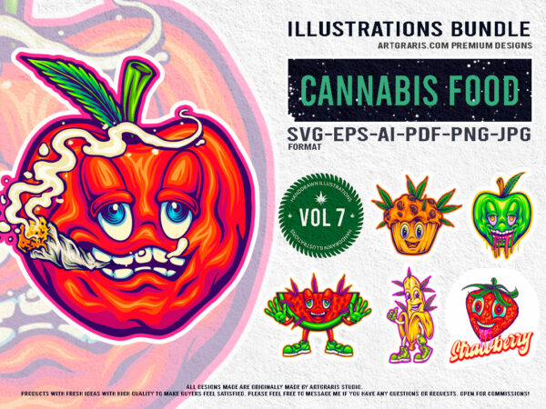 High fruity psychedelic collection of cannabis inspired fruit characters graphic t shirt