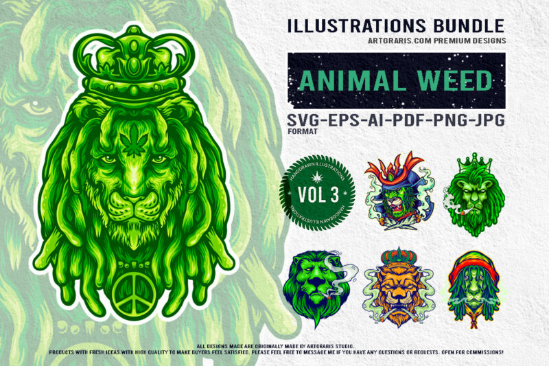 Royal Blaze Lion Kings of Cannabis Illustration Bundle Design