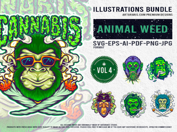 Animal monkey illustrations bundle unique designs featuring cannabis inspired characters