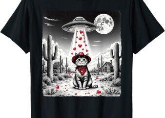 Cowboy Cat UFO Meme Funny Cat UFOs Valentine’s Day Cat Lover T-Shirt