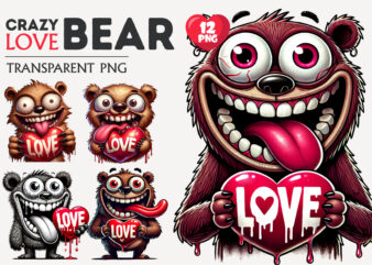 Crazy Love Bear. Tshirt, PNG.