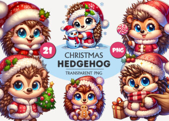 Cute Christmas hedgehog. T-Shirt, PNG.