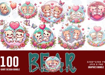 Trendy Valentines Day Bear in Love t-shirt design bundle of 100 png & jpeg designs – download instantly ready to upload on POD site