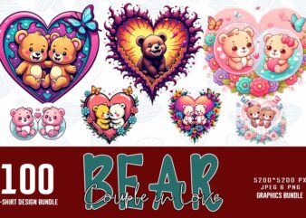 Trendy Valentines Day Bear in Love t-shirt design bundle of 100 png & jpeg designs – download instantly Retro Vintage T-shirt Design Bundle