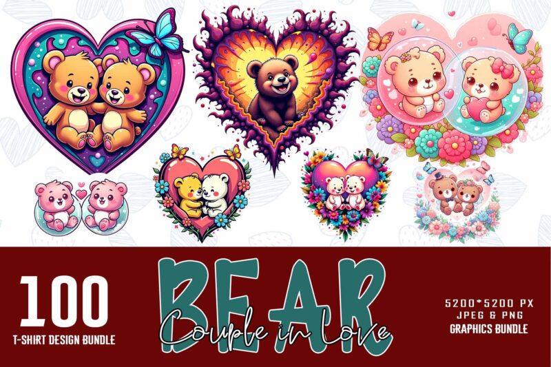 Trendy Valentines Day Bear in Love t-shirt design bundle of 100 png & jpeg designs – download instantly Retro Vintage T-shirt Design Bundle