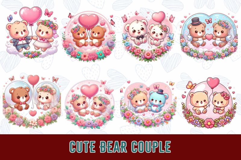 Trendy Valentines Day Bear in Love t-shirt design bundle of 100 png & jpeg designs – download instantly Retro Vintage T-shirt Design Bundle