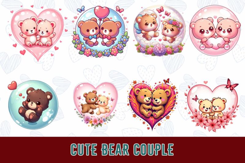 Trendy Valentines Day Bear in Love t-shirt design bundle of 100 png & jpeg designs – download instantly ready to upload on POD site