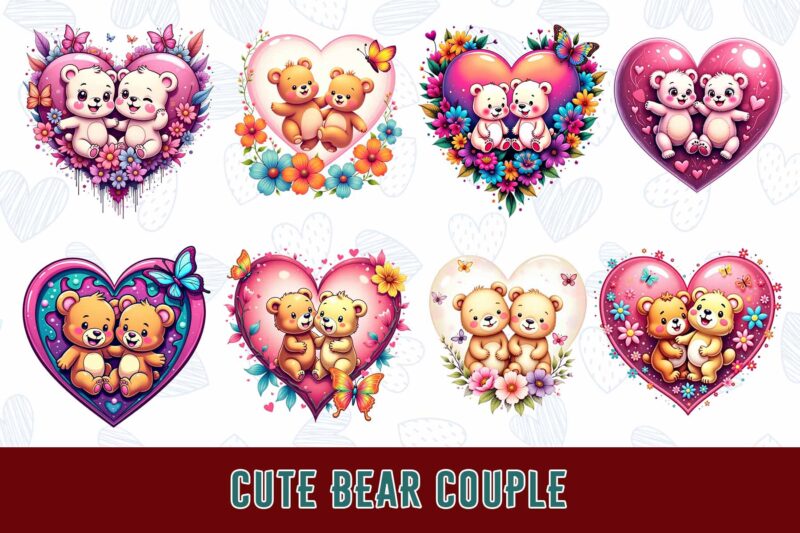 Trendy Valentines Day Bear in Love t-shirt design bundle of 100 png & jpeg designs – download instantly Retro Vintage T-shirt Design Bundle