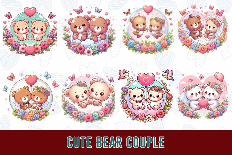 Trendy Valentines Day Bear in Love t-shirt design bundle of 100 png & jpeg designs – download instantly ready to upload on POD site