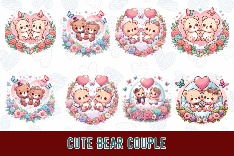 Trendy Valentines Day Bear in Love t-shirt design bundle of 100 png & jpeg designs – download instantly Retro Vintage T-shirt Design Bundle