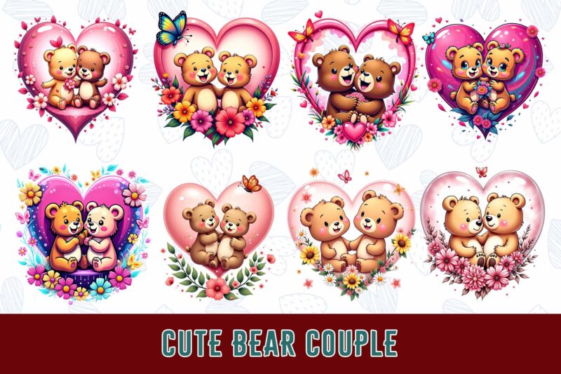 Trendy Valentines Day Bear in Love t-shirt design bundle of 100 png & jpeg designs – download instantly ready to upload on POD site