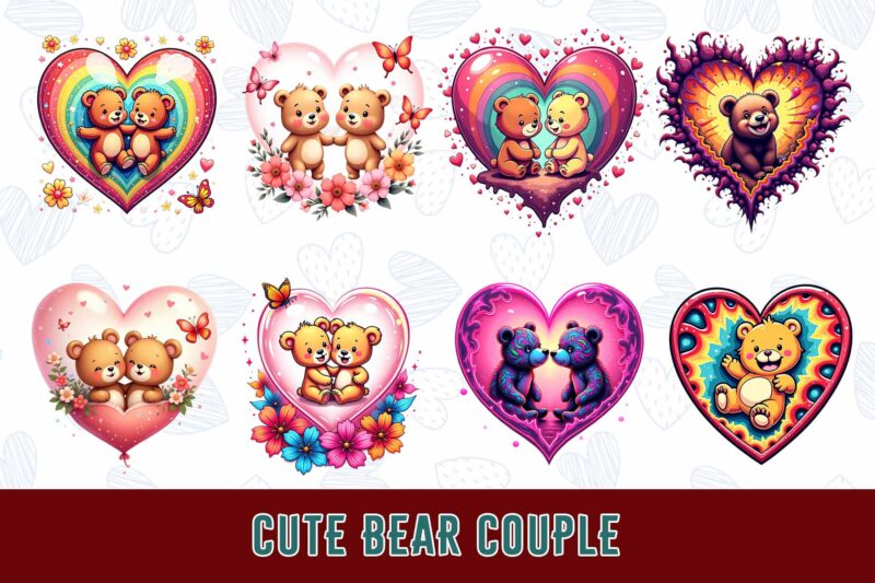 Trendy Valentines Day Bear in Love t-shirt design bundle of 100 png & jpeg designs – download instantly Retro Vintage T-shirt Design Bundle