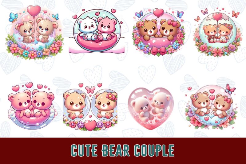 Trendy Valentines Day Bear in Love t-shirt design bundle of 100 png & jpeg designs – download instantly ready to upload on POD site