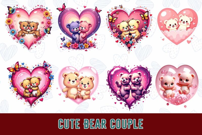 Trendy Valentines Day Bear in Love t-shirt design bundle of 100 png & jpeg designs – download instantly Retro Vintage T-shirt Design Bundle