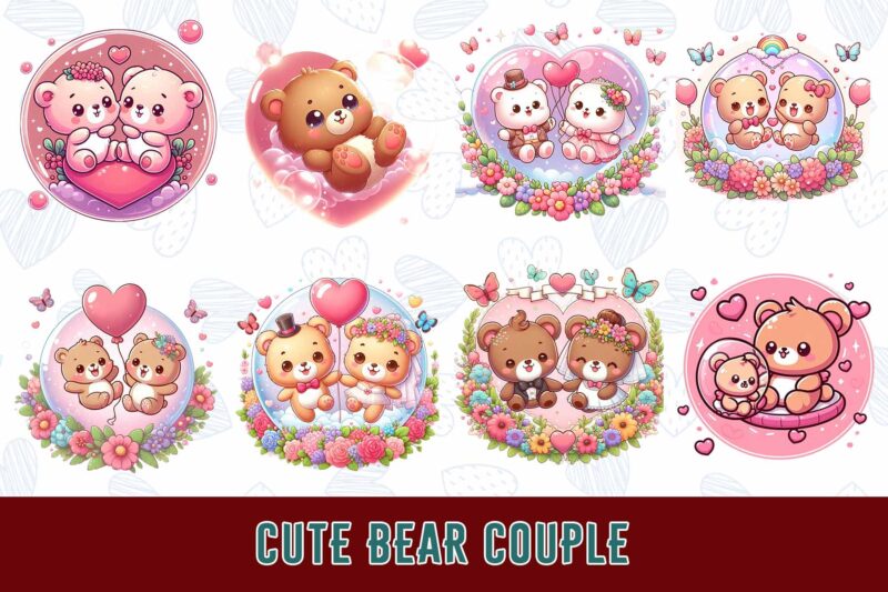 Trendy Valentines Day Bear in Love t-shirt design bundle of 100 png & jpeg designs – download instantly ready to upload on POD site