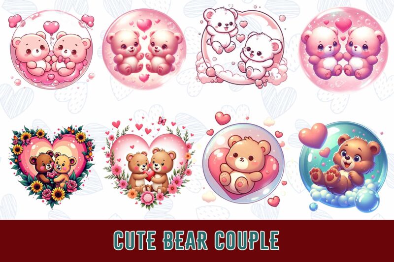 Trendy Valentines Day Bear in Love t-shirt design bundle of 100 png & jpeg designs – download instantly Retro Vintage T-shirt Design Bundle