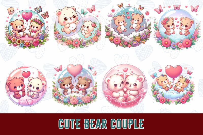 Trendy Valentines Day Bear in Love t-shirt design bundle of 100 png & jpeg designs – download instantly ready to upload on POD site