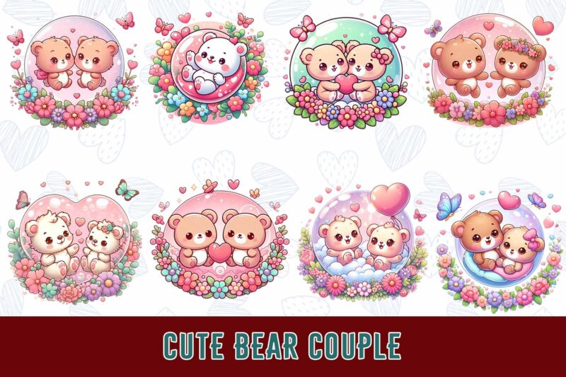 Trendy Valentines Day Bear in Love t-shirt design bundle of 100 png & jpeg designs – download instantly Retro Vintage T-shirt Design Bundle