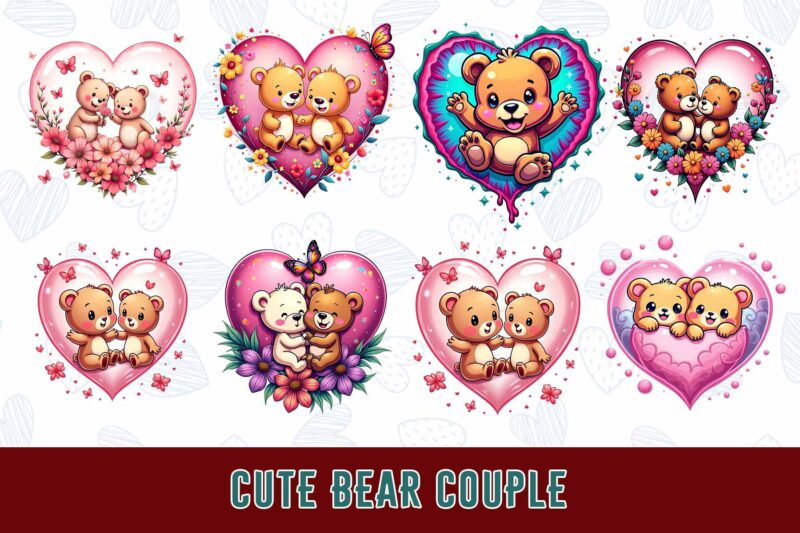 Trendy Valentines Day Bear in Love t-shirt design bundle of 100 png & jpeg designs – download instantly ready to upload on POD site