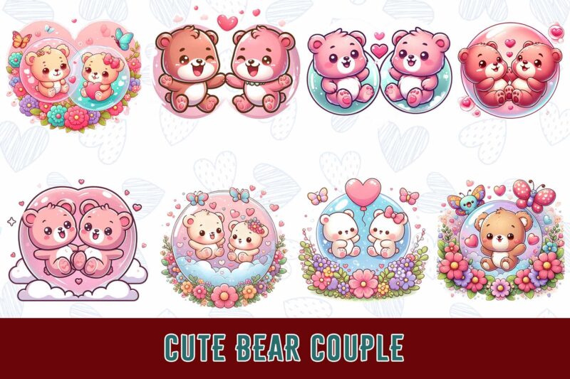 Trendy Valentines Day Bear in Love t-shirt design bundle of 100 png & jpeg designs – download instantly Retro Vintage T-shirt Design Bundle