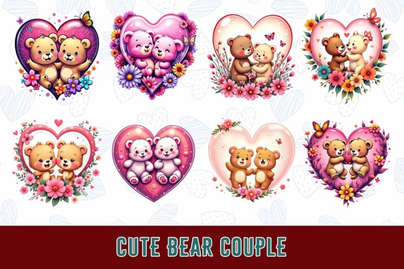 Trendy Valentines Day Bear in Love t-shirt design bundle of 100 png & jpeg designs – download instantly ready to upload on POD site