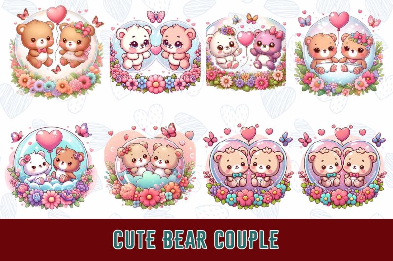 Trendy Valentines Day Bear in Love t-shirt design bundle of 100 png & jpeg designs – download instantly Retro Vintage T-shirt Design Bundle