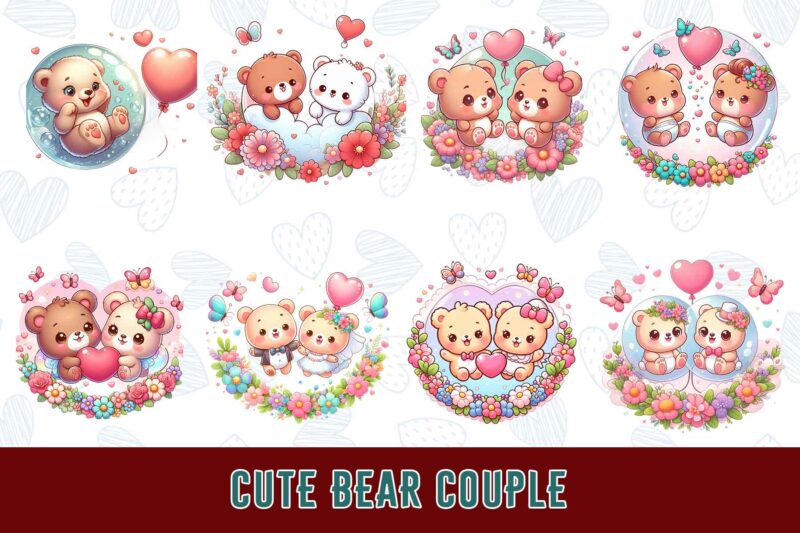 Trendy Valentines Day Bear in Love t-shirt design bundle of 100 png & jpeg designs – download instantly ready to upload on POD site